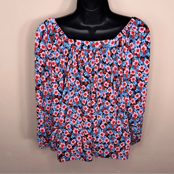Small Pop Sugar Colorful Peasant Top Blue Pink Red Floral Square Neckline - Picture 5 of 12